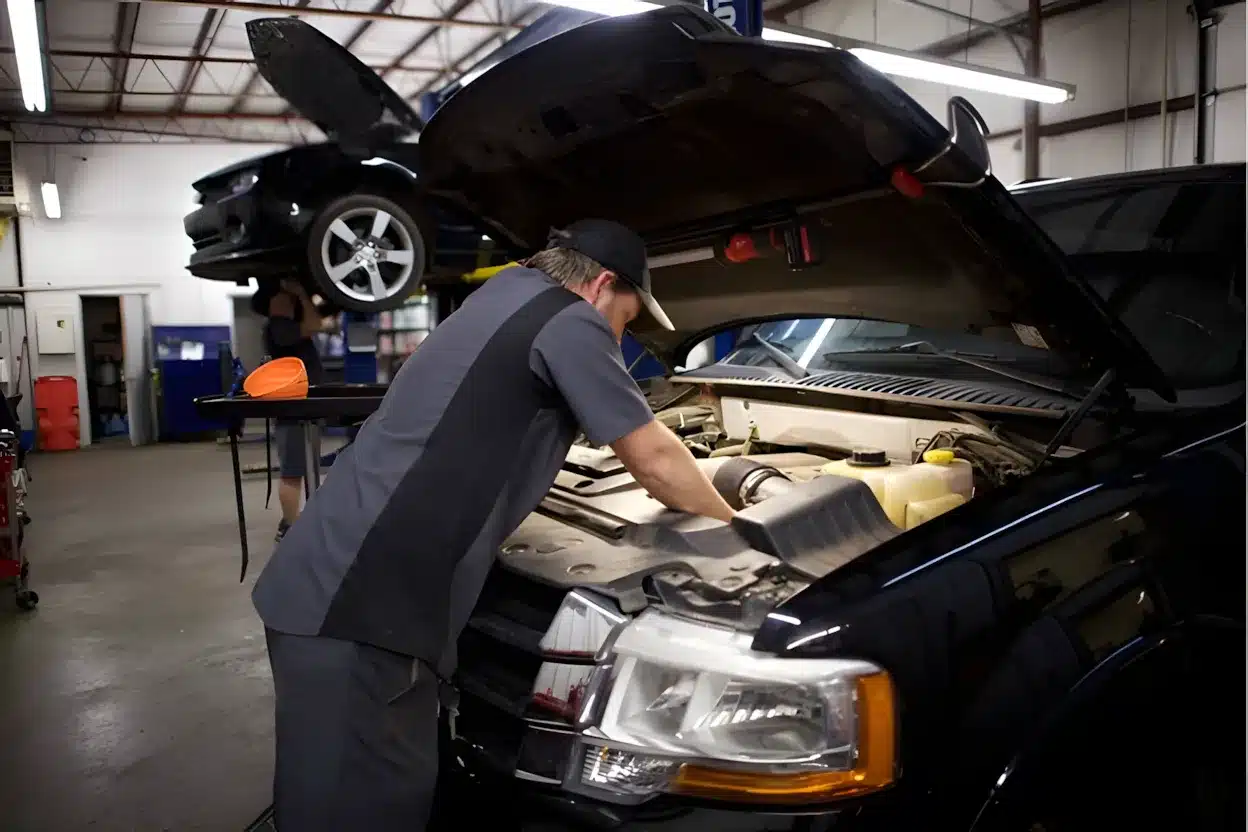 A mechanic wearing a cap and uniform works under the hood of a black vehicle during car maintenance in an auto repair shop in Tecumseh, OK at Miller Brothers Automotive, with another car raised on a lift in the background.