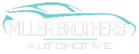 Logo for Miller Brothers Automotive, featuring a stylized turquoise outline of a car above the company name in white and gray text on a transparent background.