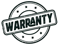 A black circular stamp graphic with the word WARRANTY written in bold, uppercase letters across the center.